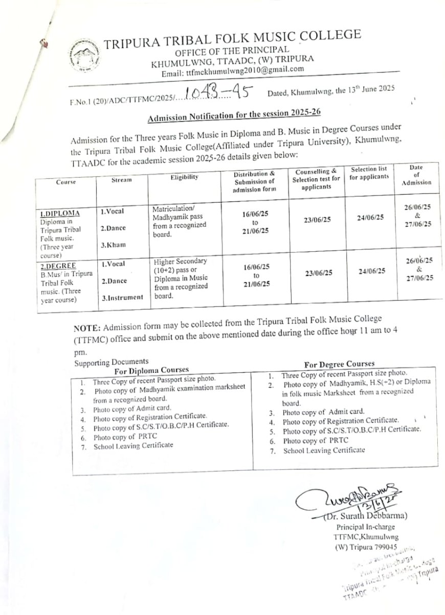 TTFMC Opens Admissions  for Diploma & Degree in Tribal Folk Music 2025-26